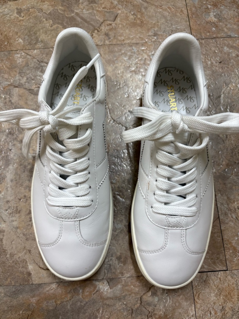 Stuart Weitzman White Leather Low-Top Lace-Up Sneakers